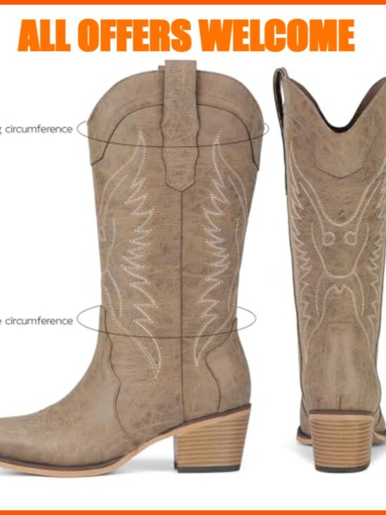 Western Cowboy Boots with Chunky Heel, Snip Toe, Faux Leather - Picture 5 of 7